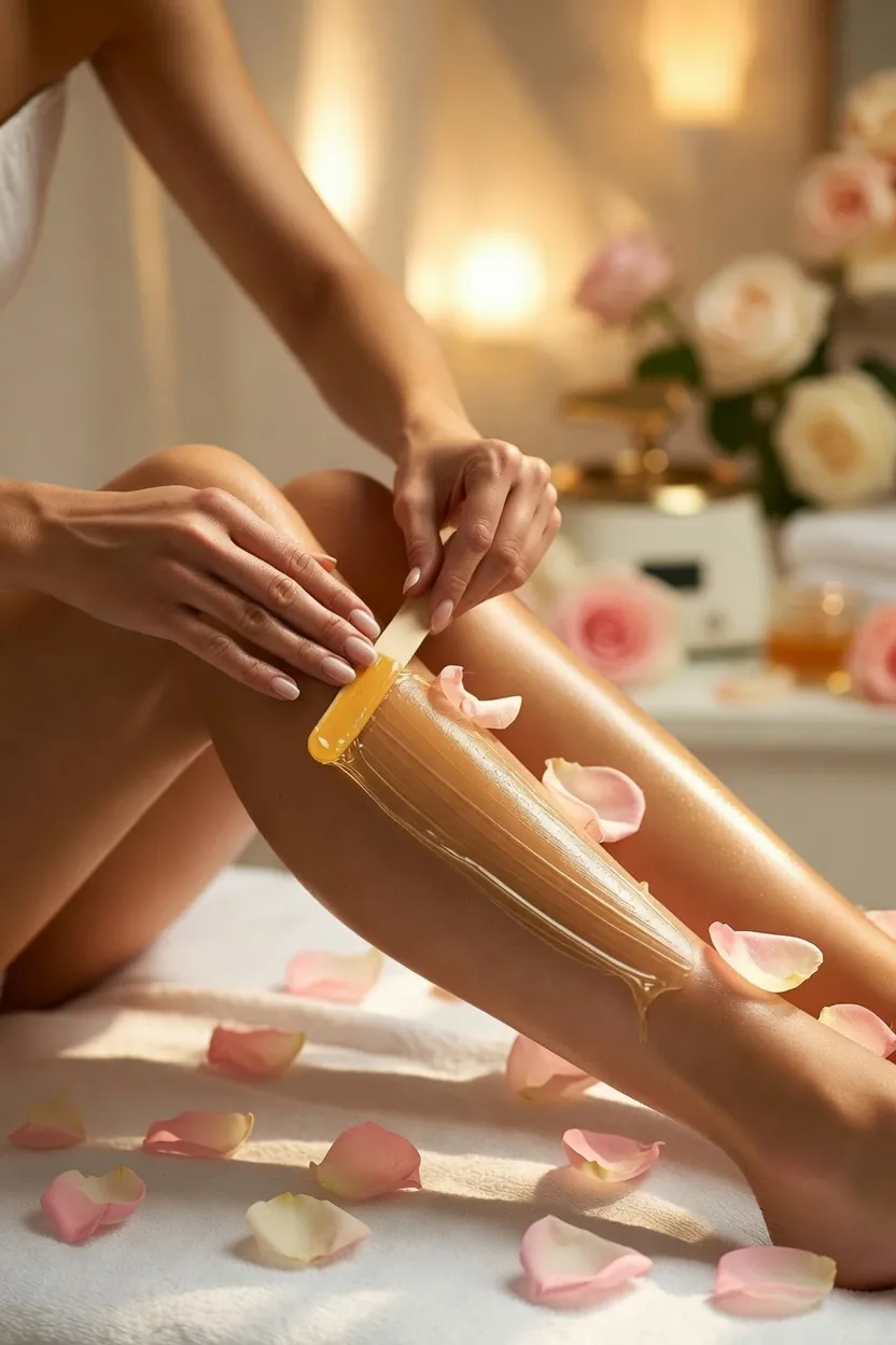 Application de cire tiède sur une jambe, entourée de pétales de rose