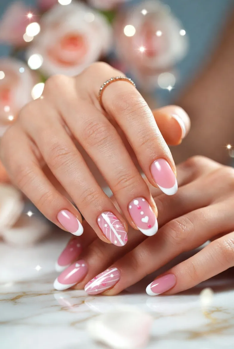 Manucure French rose sur ongles naturels, mains posées près de roses