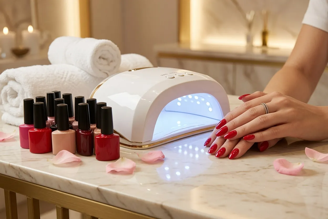 Manucure vernis gel rouge posée près d'une lampe UV et de flacons de vernis
